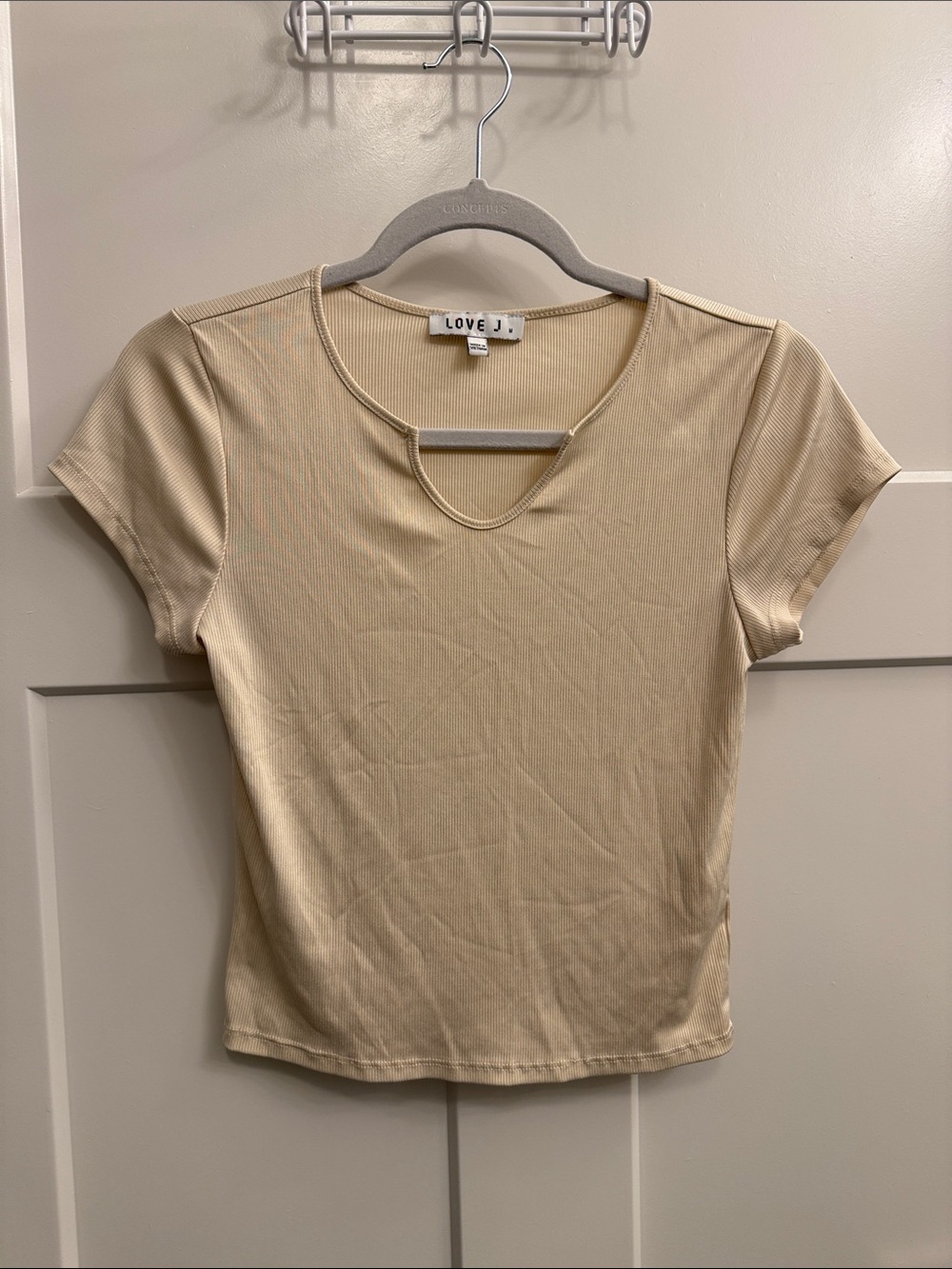 love J Beige Short Sleeve Top with Front Keyhole